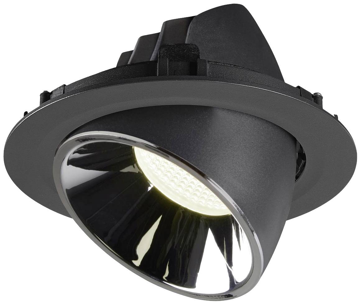 Spot encastrable avec boîtier noir et réflecteur intérieur argenté, éclairé, adapté pour une installation au plafond dans des espaces intérieurs modernes.
