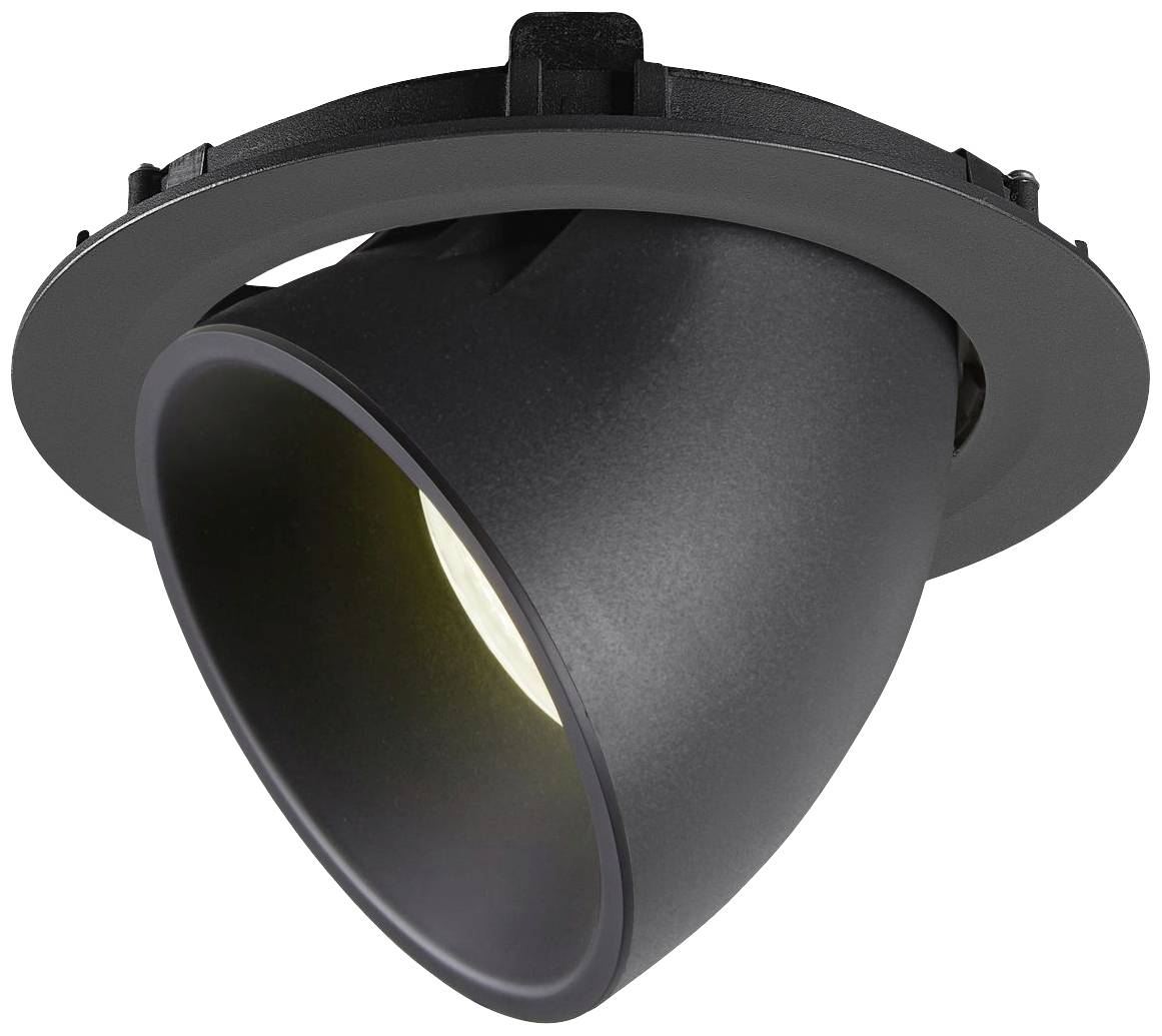 Spot encastrable en métal noir, de forme cylindrique, orienté vers le bas.