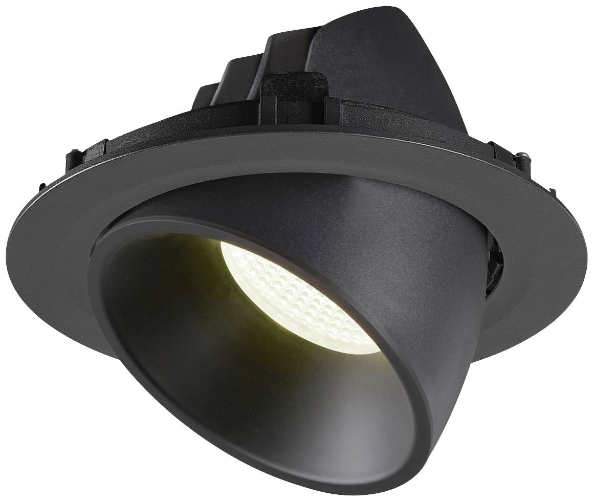 Un projecteur LED noir orienté vers le bas. Il est rond et conçu pour une installation encastrée au plafond.