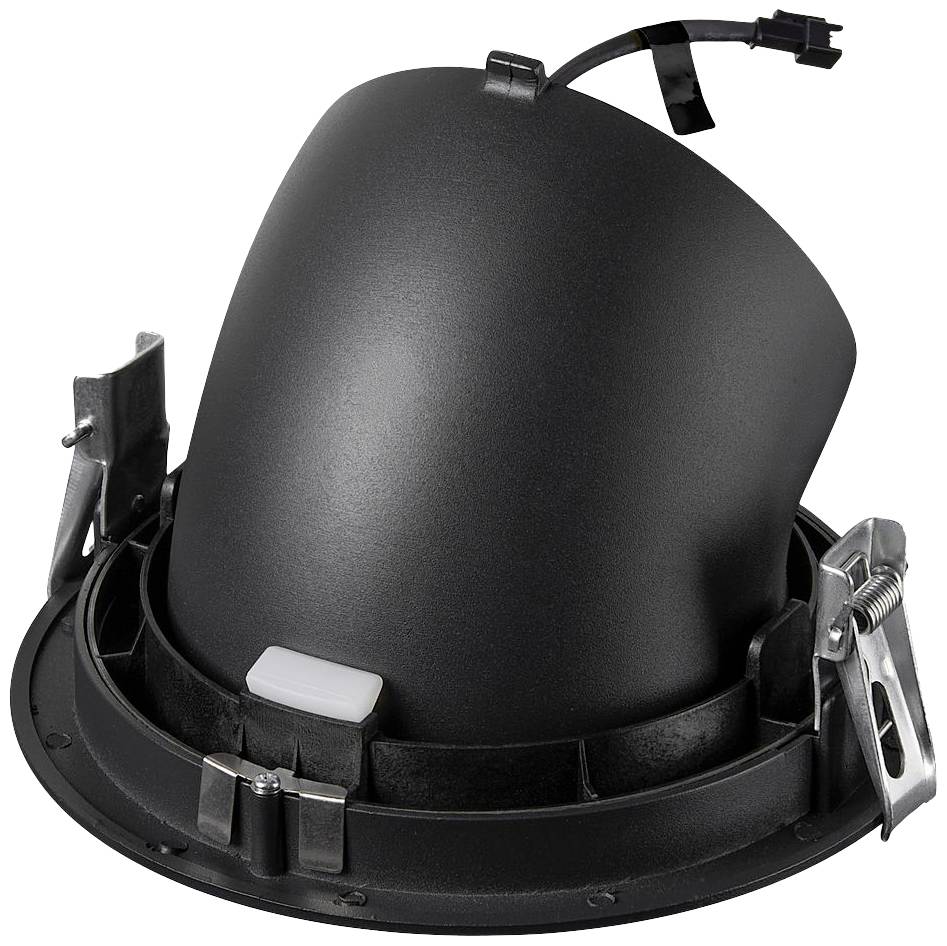 Projecteur plafonnier noir, inclinable, avec attaches de fixation et connexion de câble, adapté pour l'installation dans des plafonds suspendus.
