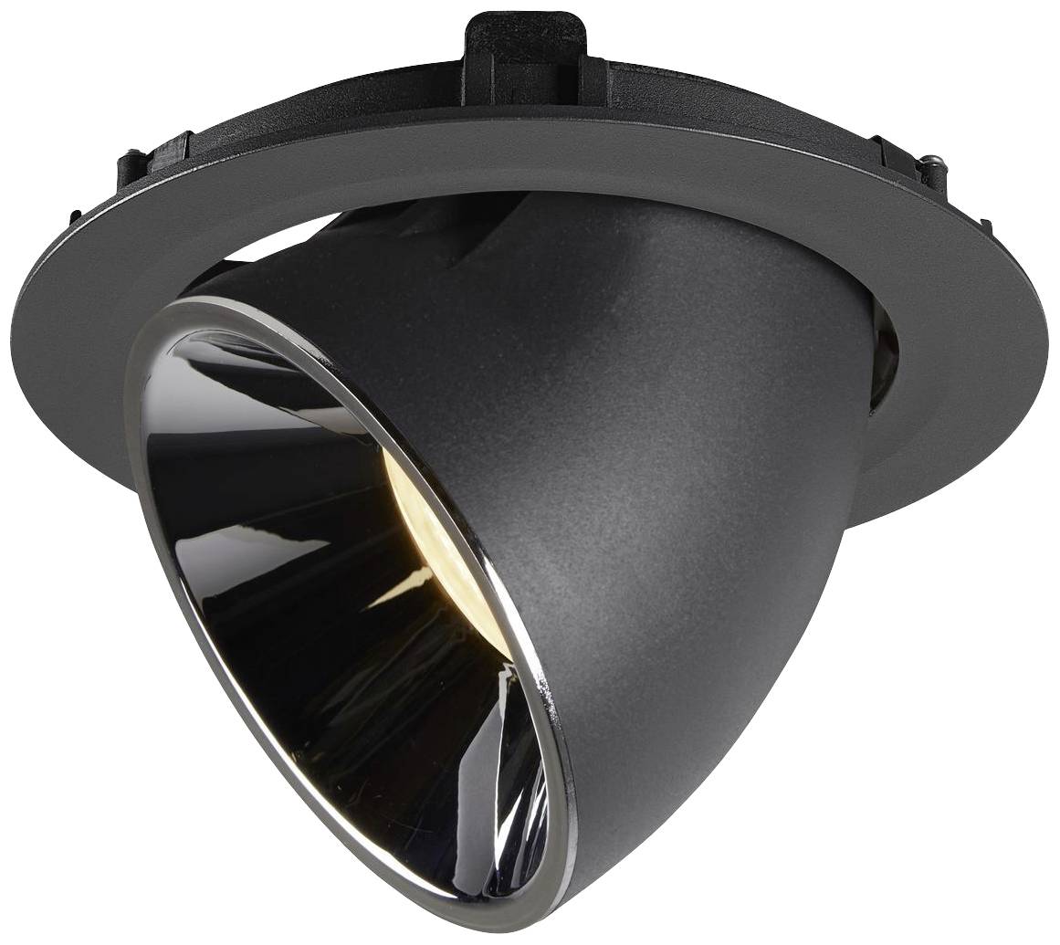 Spots encastrable cylindrique noir avec un puissant éclairage et un réflecteur intérieur chromé, adapté pour une installation au plafond.
