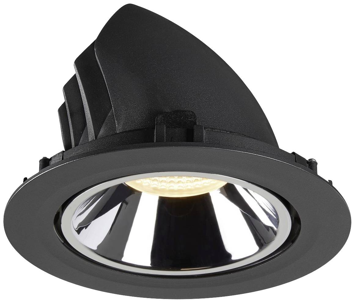 Projecteur de plafond noir avec réflecteur brillant et ampoule visible, vu du dessous.