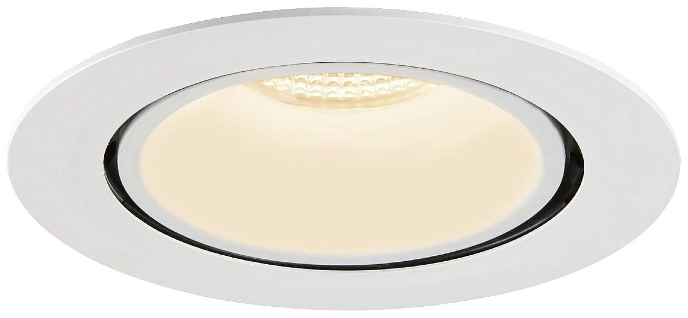 Spot encastrable LED rond blanc, émettant une lumière blanche chaude, idéal pour une installation moderne au plafond.