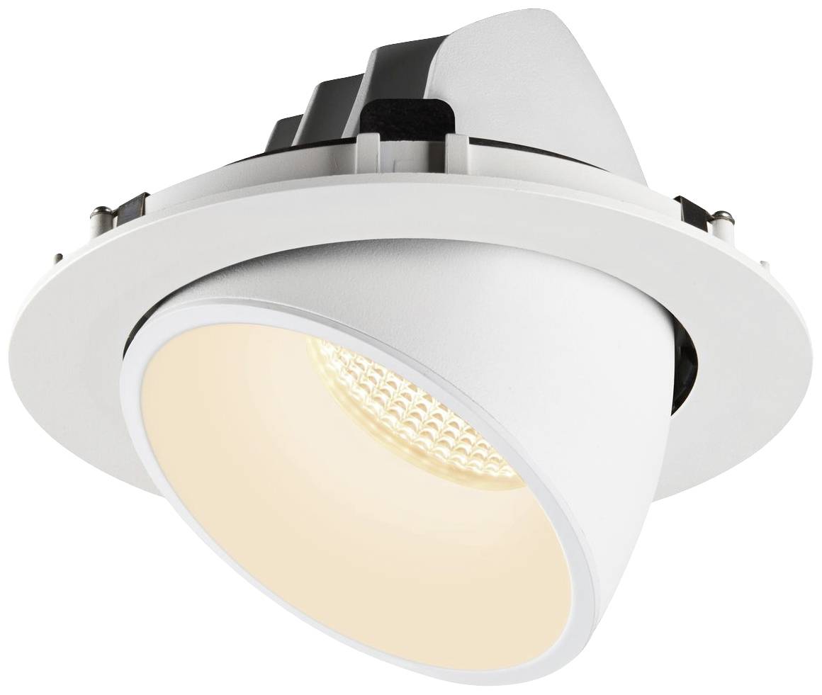 Spot encastrable rond avec cadre blanc et spot orientable, éclairage blanc chaud. Adapté pour un montage au plafond afin de créer un éclairage d'accentuation.