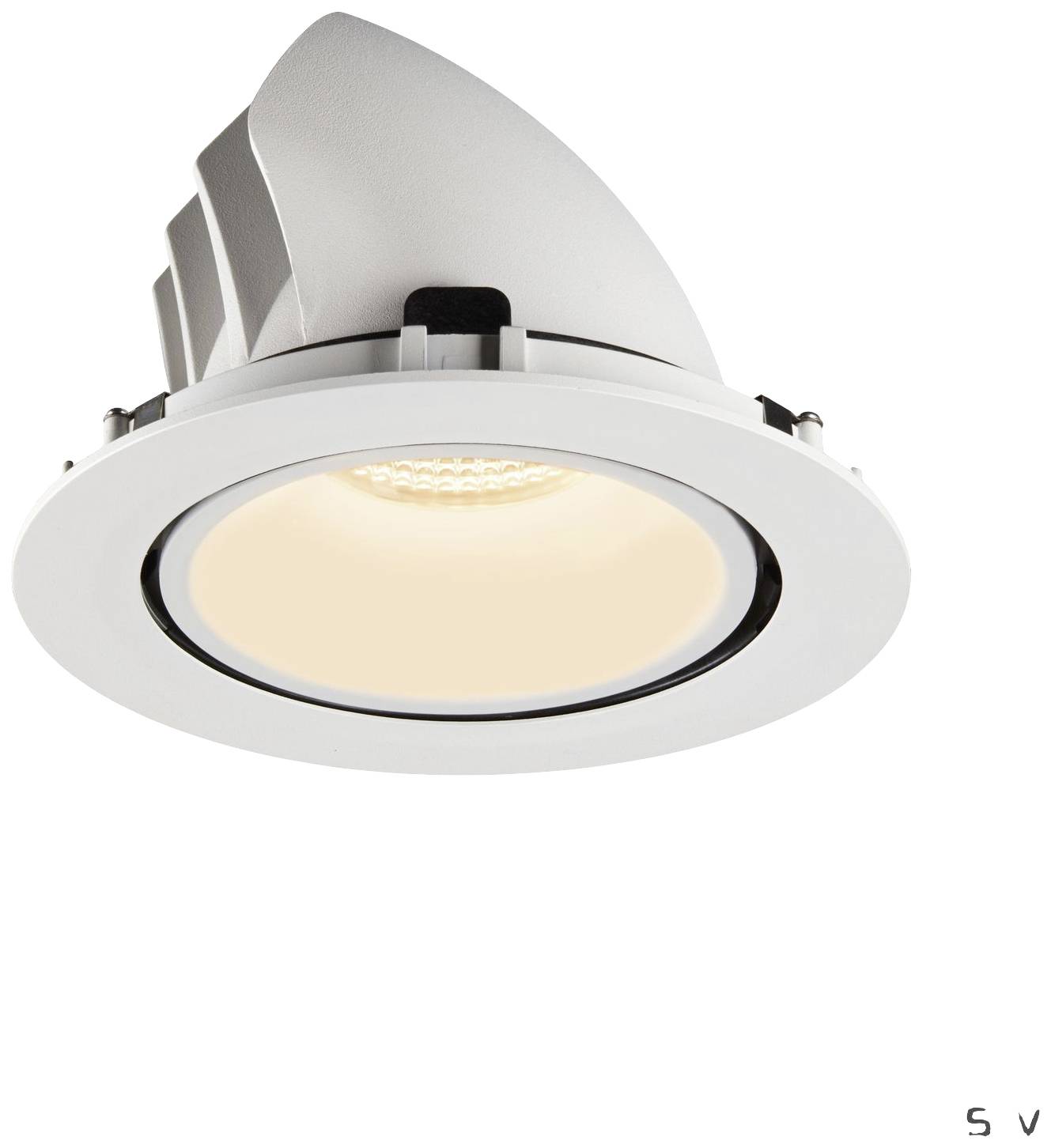 Un luminaire encastré rond et blanc avec un éclairage LED blanc chaud. Idéal pour les applications intérieures modernes.