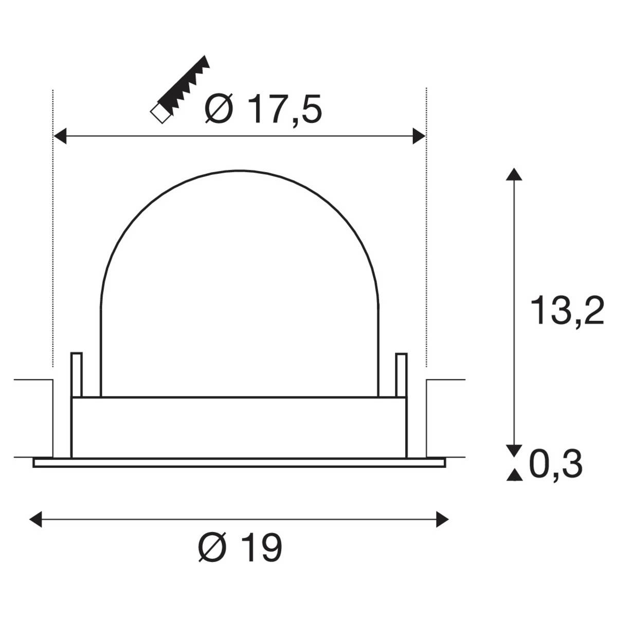 Dessin dimensionnel d'un luminaire encastrable rond : diamètre 17,5 cm, diamètre total 19 cm, profondeur d'encastrement 0,3 cm, hauteur 13,2 cm.
