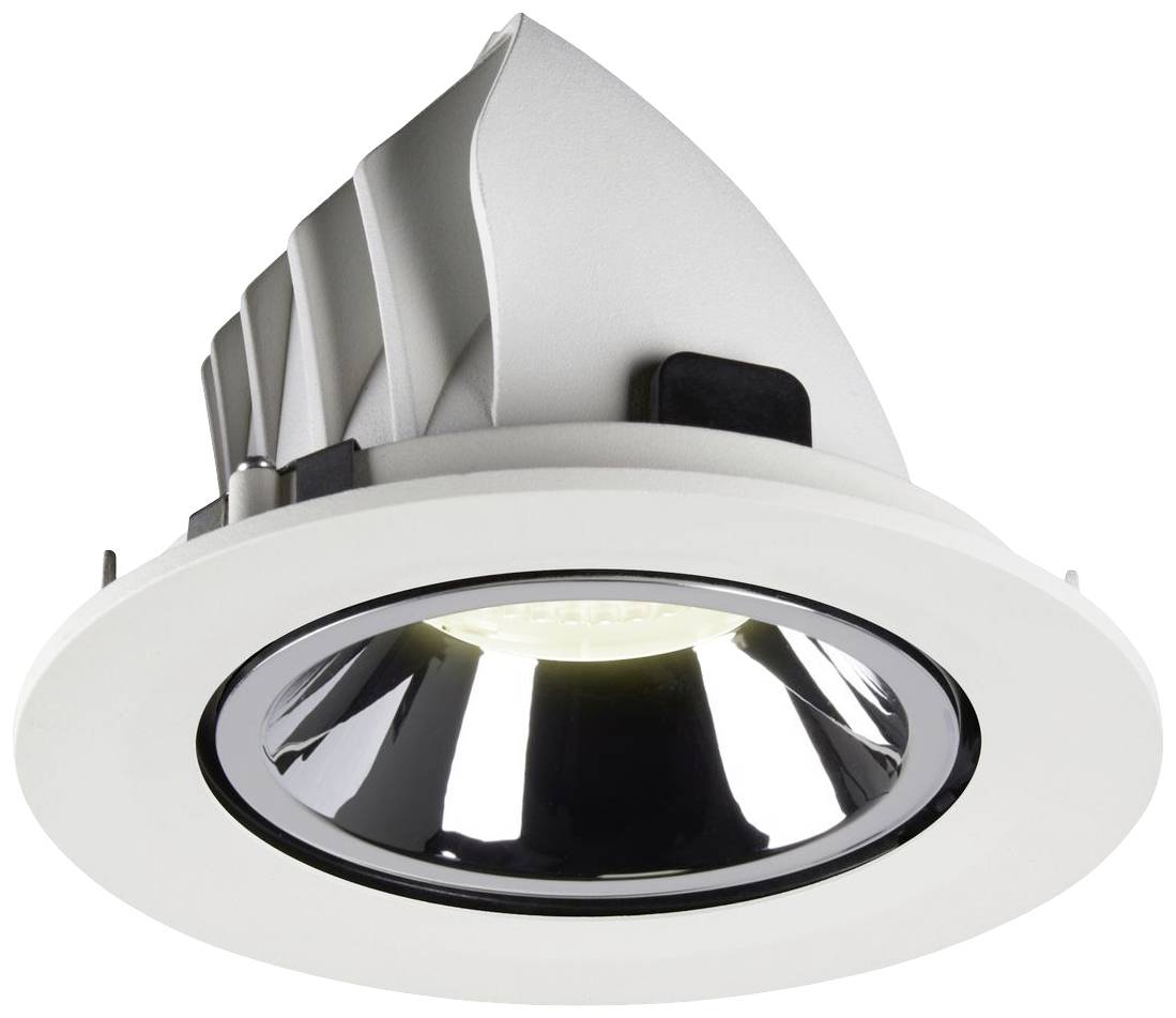 Spot LED encastrable avec un réflecteur argenté et un support blanc, vu en diagonale depuis le bas. Idéal pour un éclairage de plafond moderne.