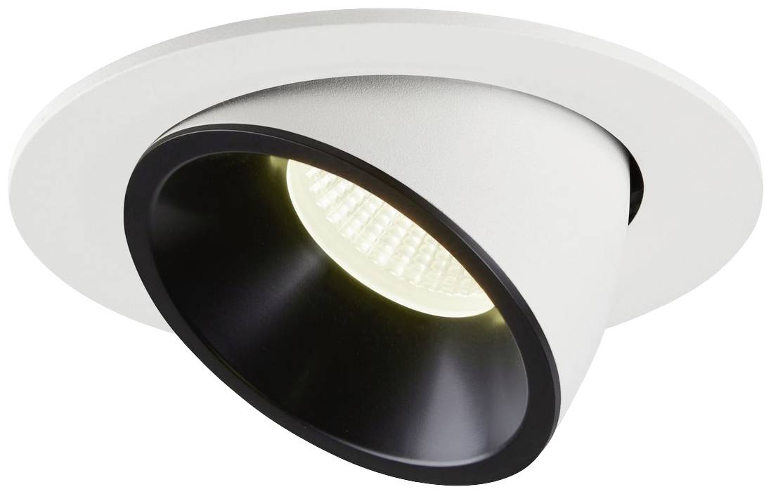 Plafonnier blanc avec bordure noire, design rond et source lumineuse LED.