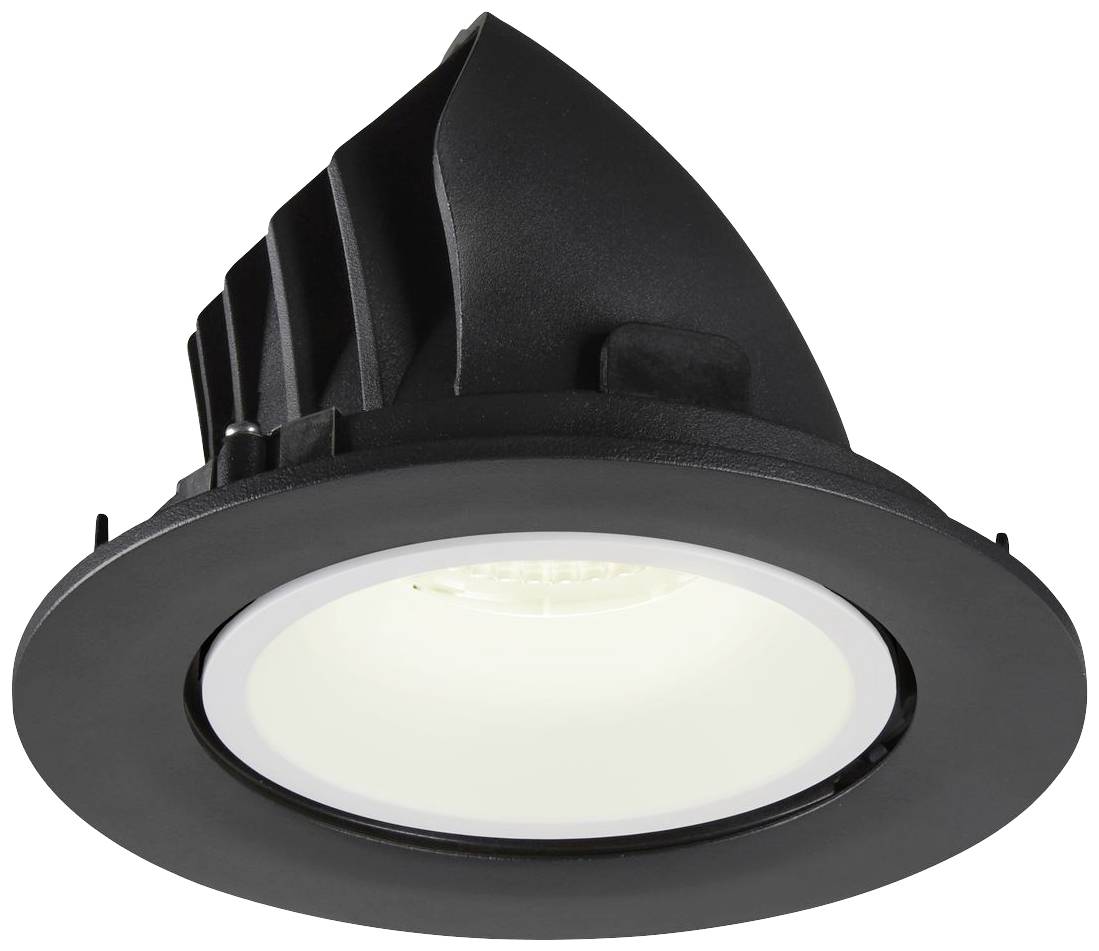 Downlight LED noir avec dissipateur thermique rainuré et lumière blanche, adapté à une installation au plafond.