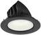 Downlight LED noir avec dissipateur thermique rainuré et lumière blanche, adapté à une installation au plafond.