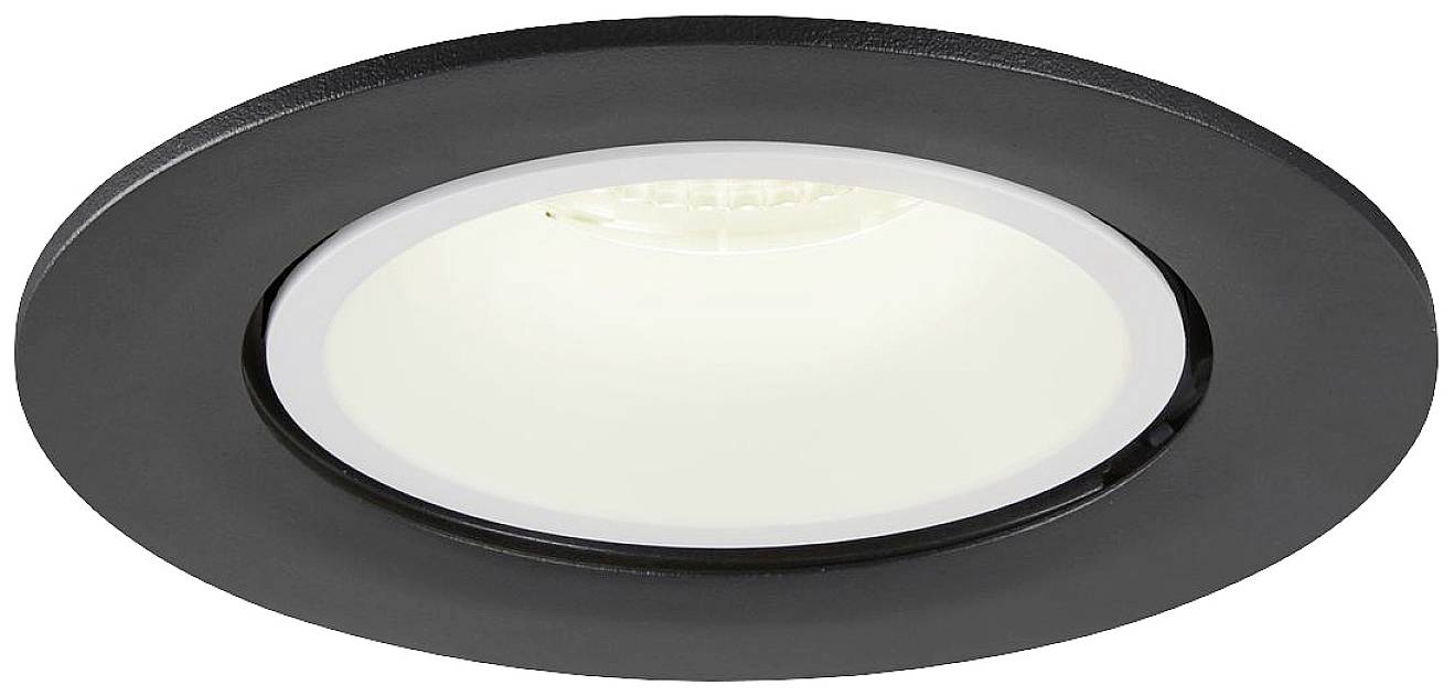 Spot encastrable rond, noir, avec anneau intérieur blanc et centre éclairé.