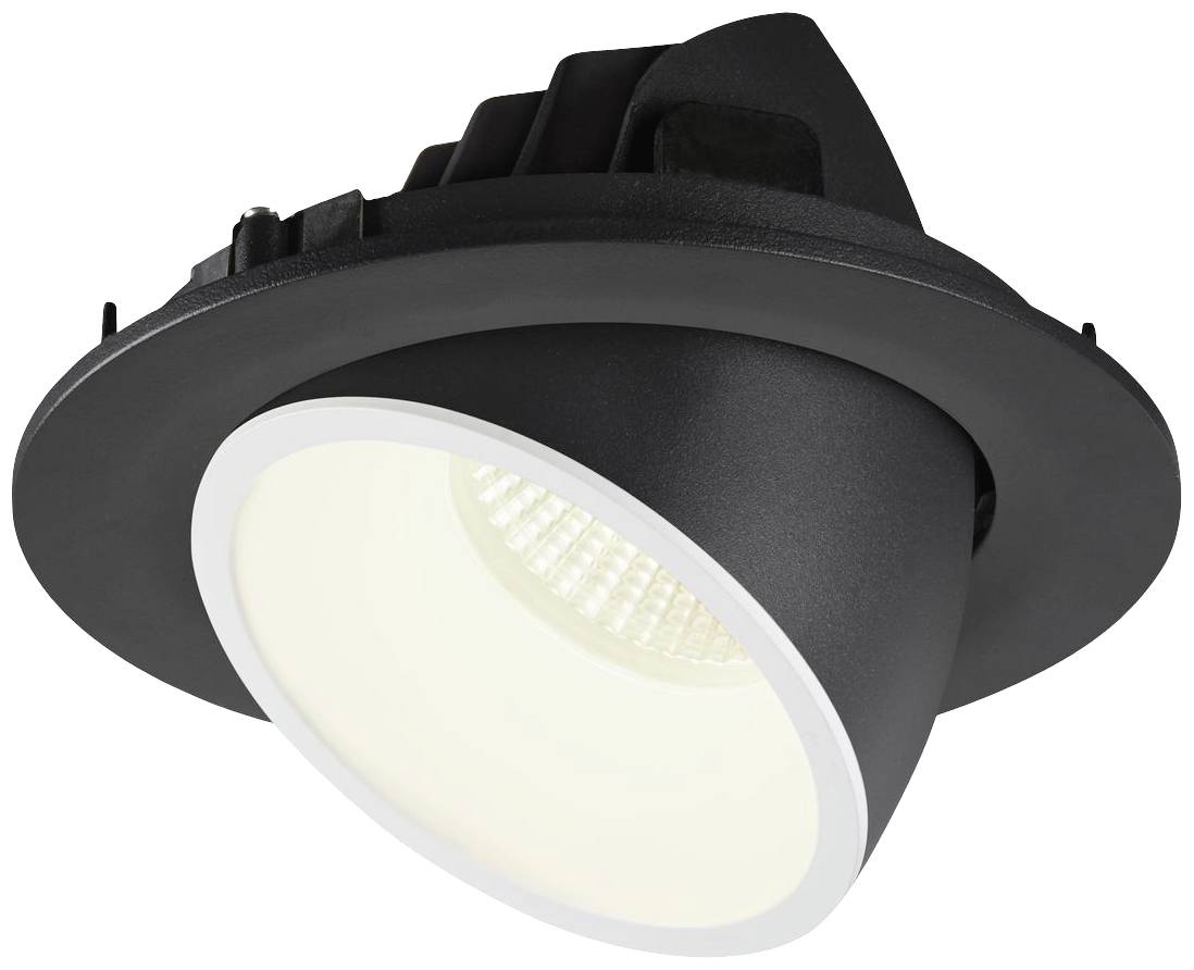 Un spot encastrable de plafond noir à LED, avec un cadre rond. Le projecteur est orienté vers le bas et diffuse une lumière blanc chaud.