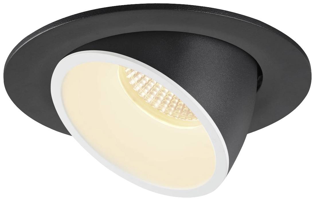 Spot encastrable au cadre noir avec éclairage LED blanc chaud, légèrement orientable pour un éclairage ciblé.