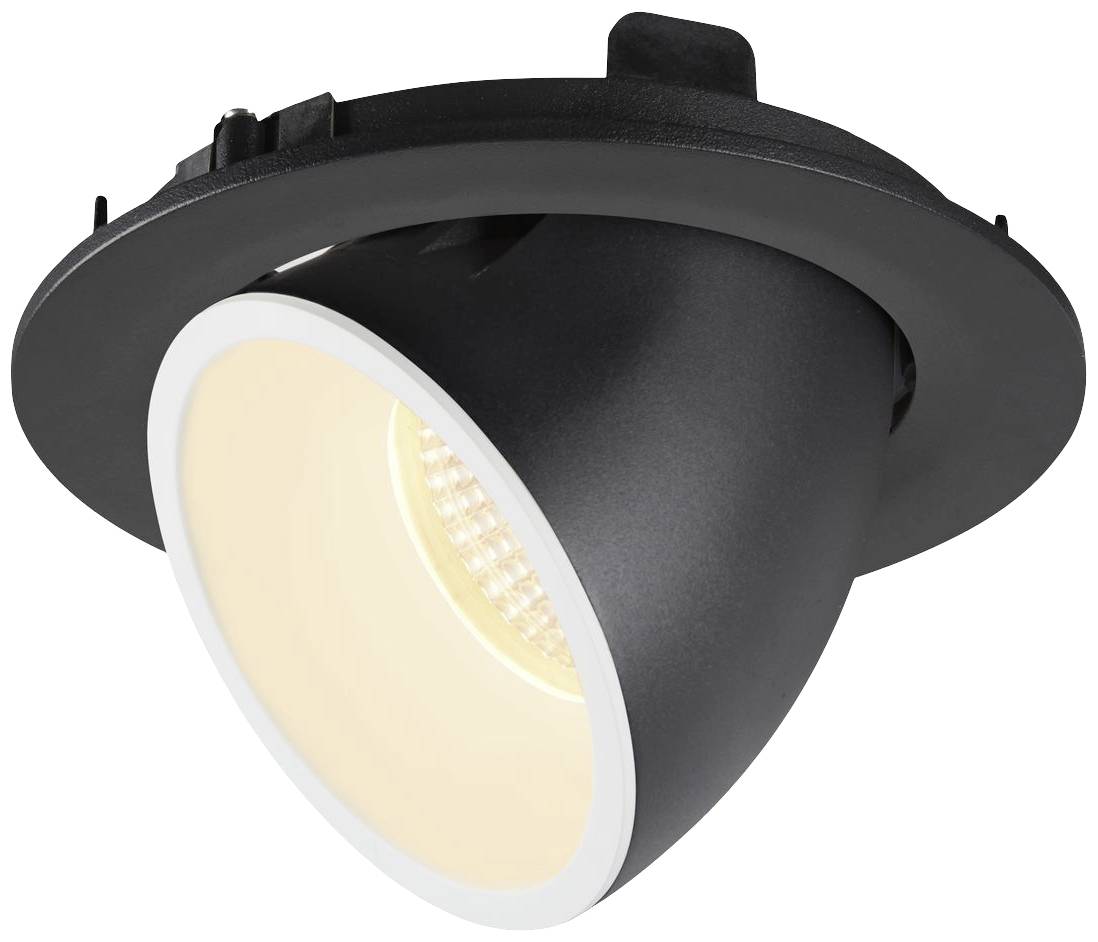 Luminaire encastré LED rond noir dans un boîtier incliné, projetant une lumière chaleureuse vers l'avant, adapté aux installations de plafond modernes.