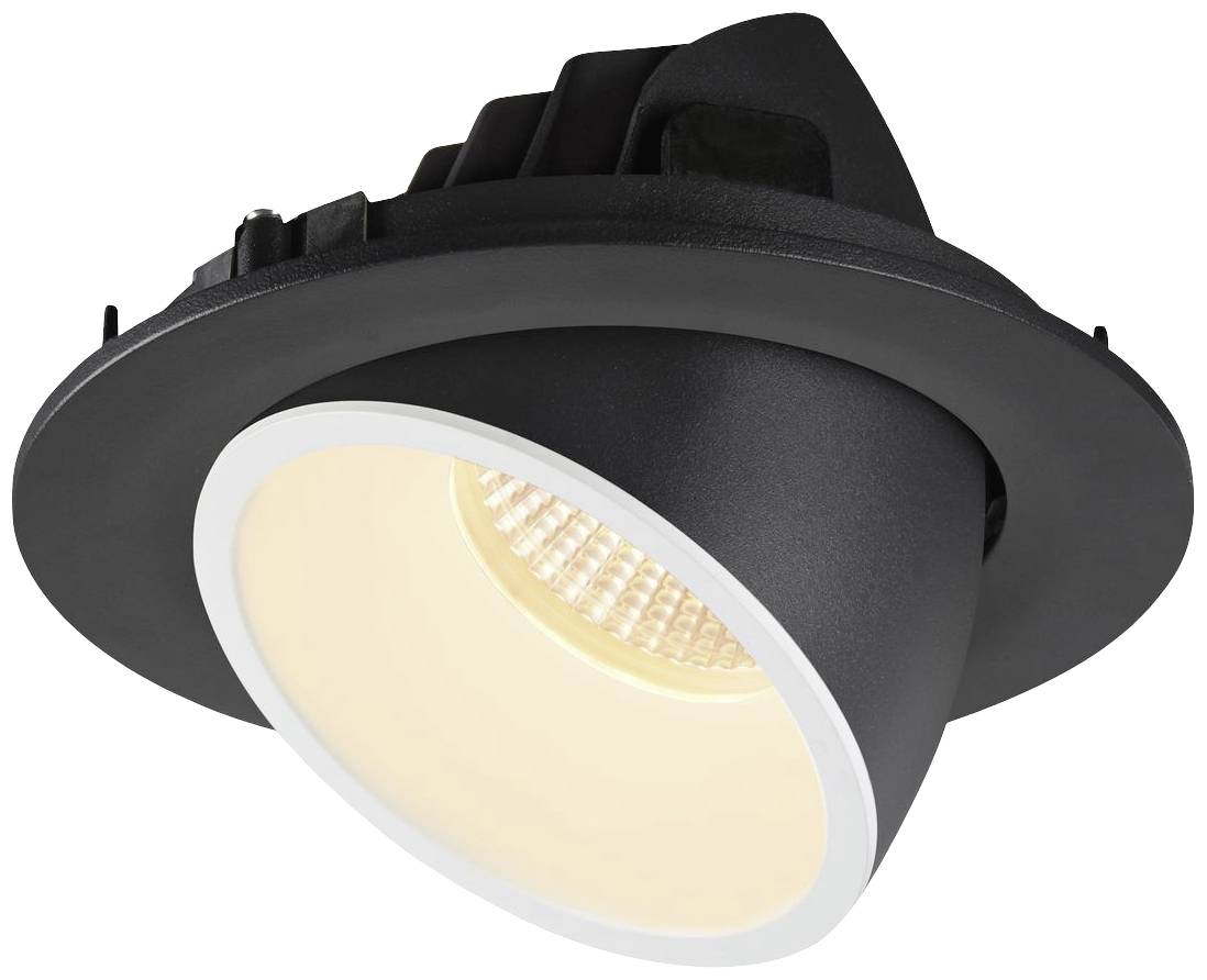Un projecteur de plafond LED noir à design orientable, émettant une lumière blanc chaud, adapté à l'éclairage intérieur et à la mise en valeur des espaces.