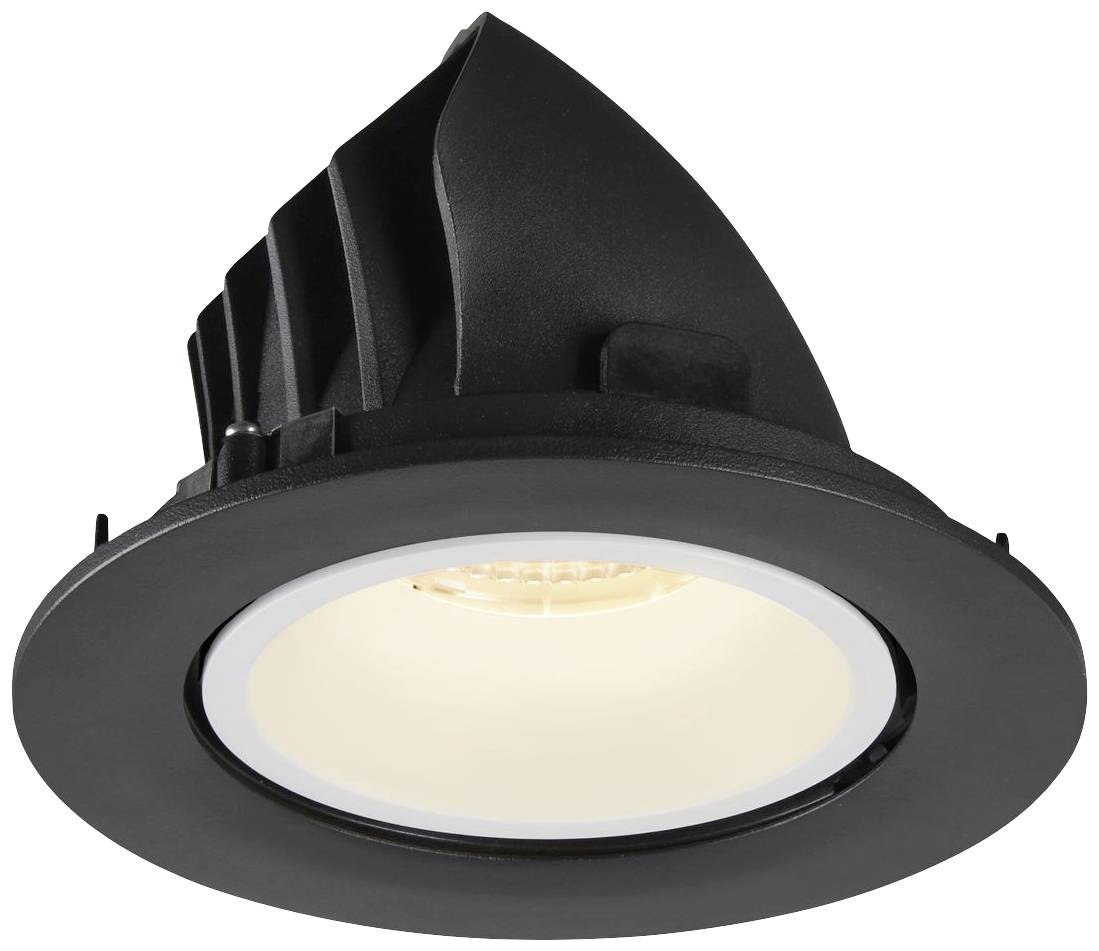 Spot encastrable rond noir avec un bord blanc et une source lumineuse au centre.