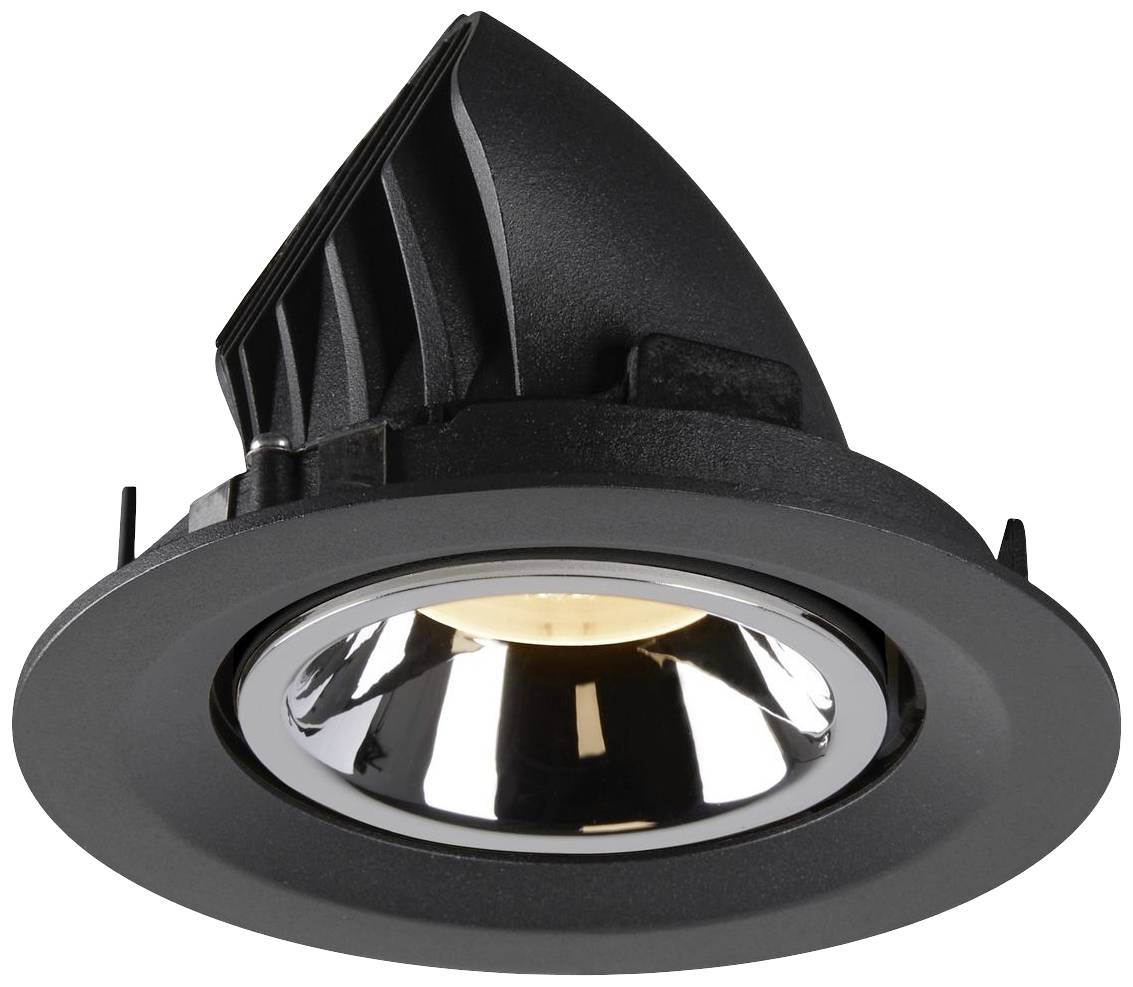 Spot encastrable rond noir avec réflecteur intérieur brillant, adapté à l'éclairage intérieur moderne.