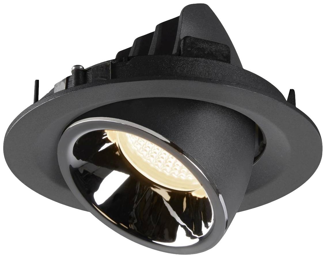 Spot encastrable noir avec réflecteur orientable et éclairage LED. Adapté aux espaces intérieurs, offre un éclairage directionnel précis.