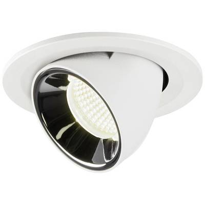 Spot encastrable blanc et rond avec intérieur noir, montrant une lampe LED inclinée vers l'avant. Design moderne pour l'éclairage plafond.