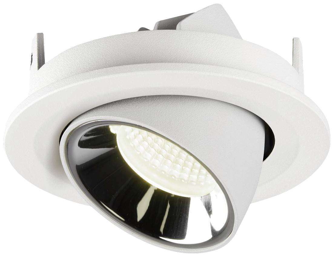 Un projecteur LED blanc, rond, avec tête orientable, encastré dans un plafond, destiné à un éclairage ciblé à l'intérieur.