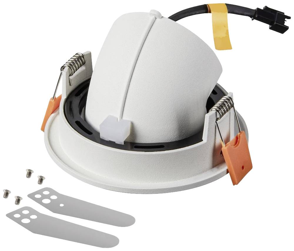 Plafonnier LED blanc avec câble et accessoires d'installation. Adapté aux espaces intérieurs modernes, offrant un éclairage efficace.