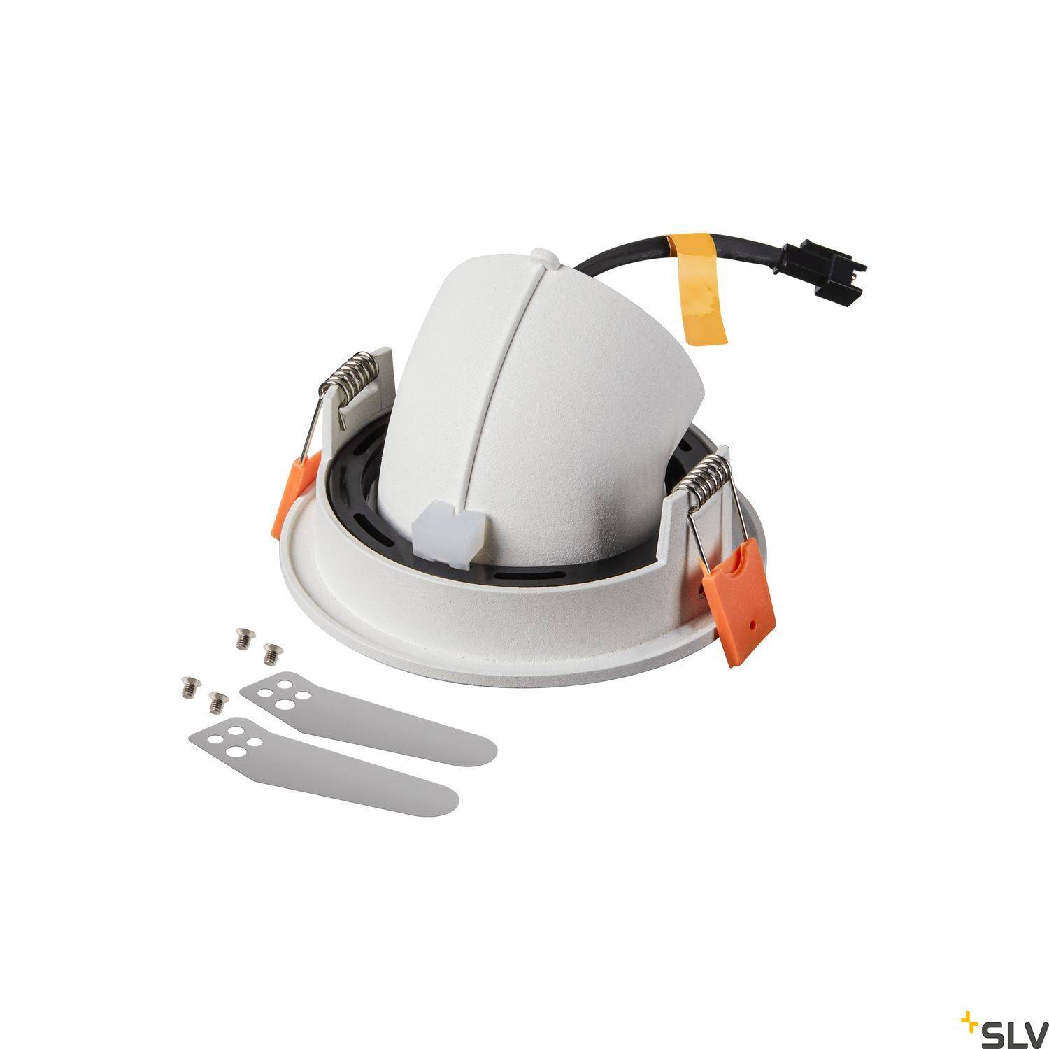 Luminaire encastré de plafond avec câble et éléments de montage ; blanc, avec des clips orange pour une installation facile. Convient aux espaces intérieurs.