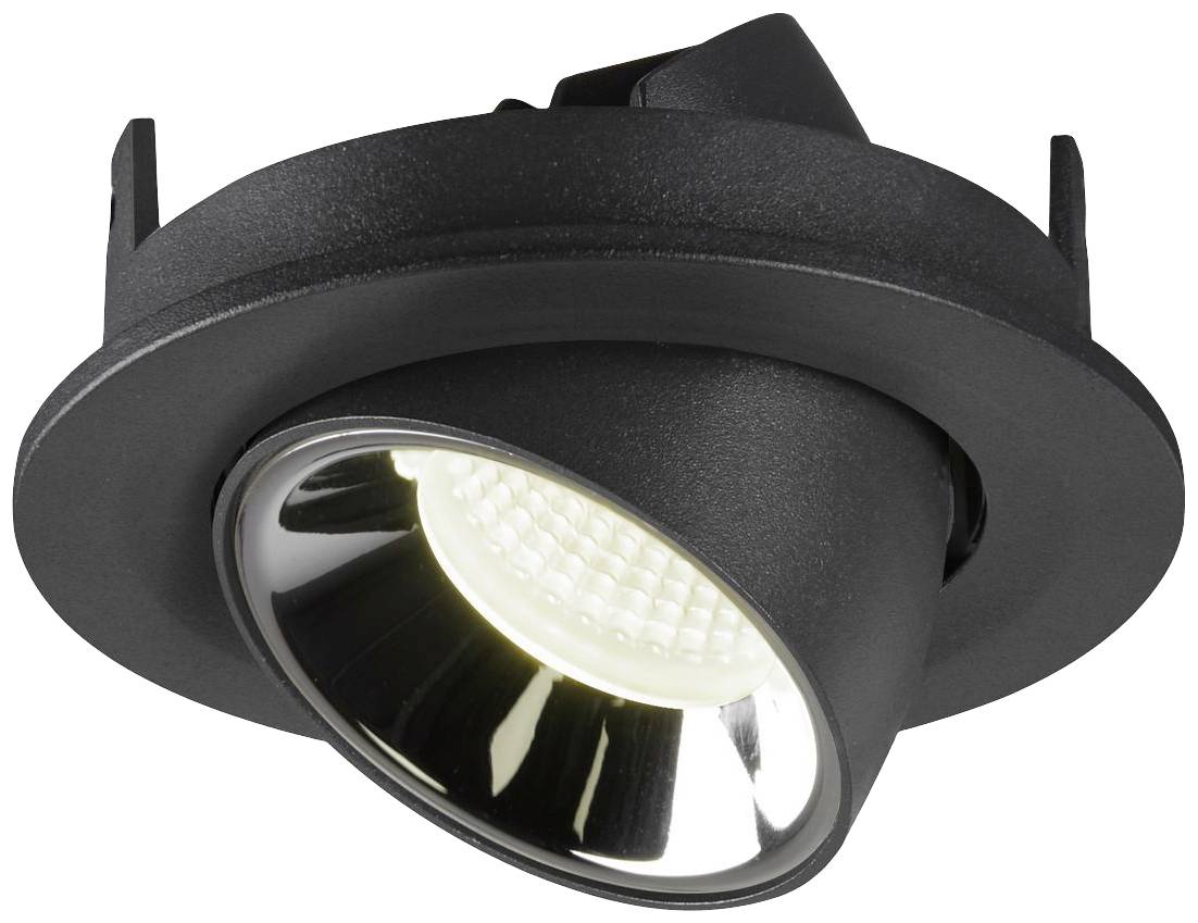 Spot de plafond LED noir, orientable, avec réflecteur brillant, adapté à l'éclairage ciblé dans les espaces résidentiels ou commerciaux.