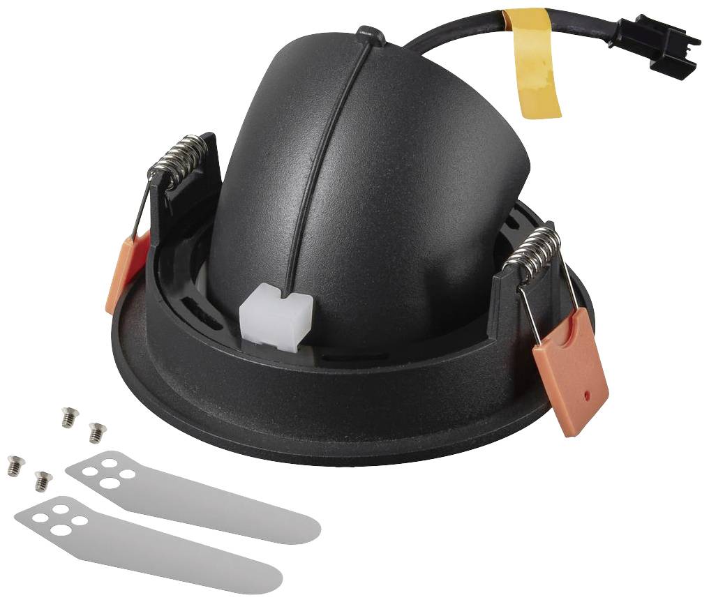 Spot encastrable à LED noir avec attaches à ressort, câbles et accessoires de montage séparés, tels que vis et supports.