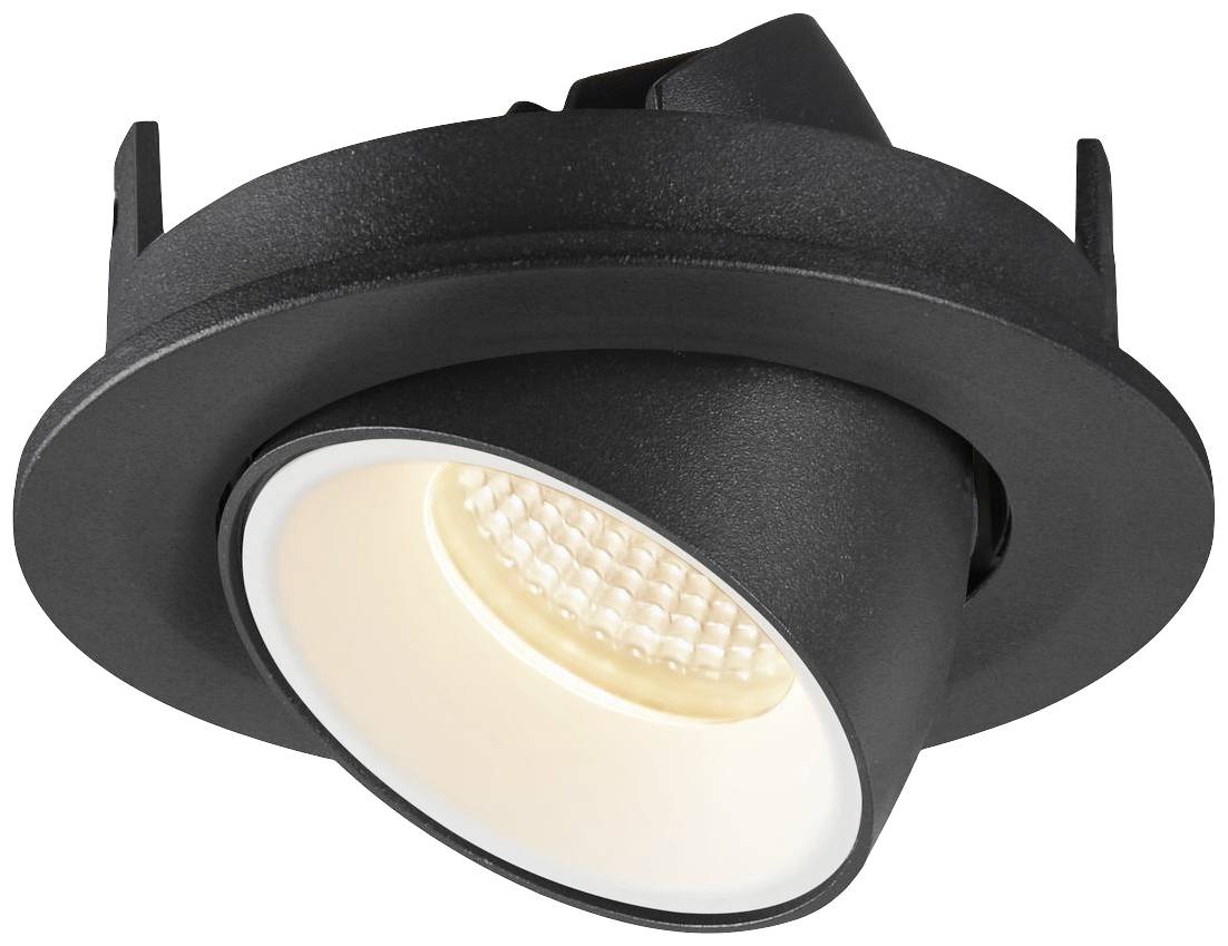 Un spot de plafond LED noir, rond et orientable avec une lumière blanc chaud. Idéal pour un éclairage ciblé à l'intérieur.