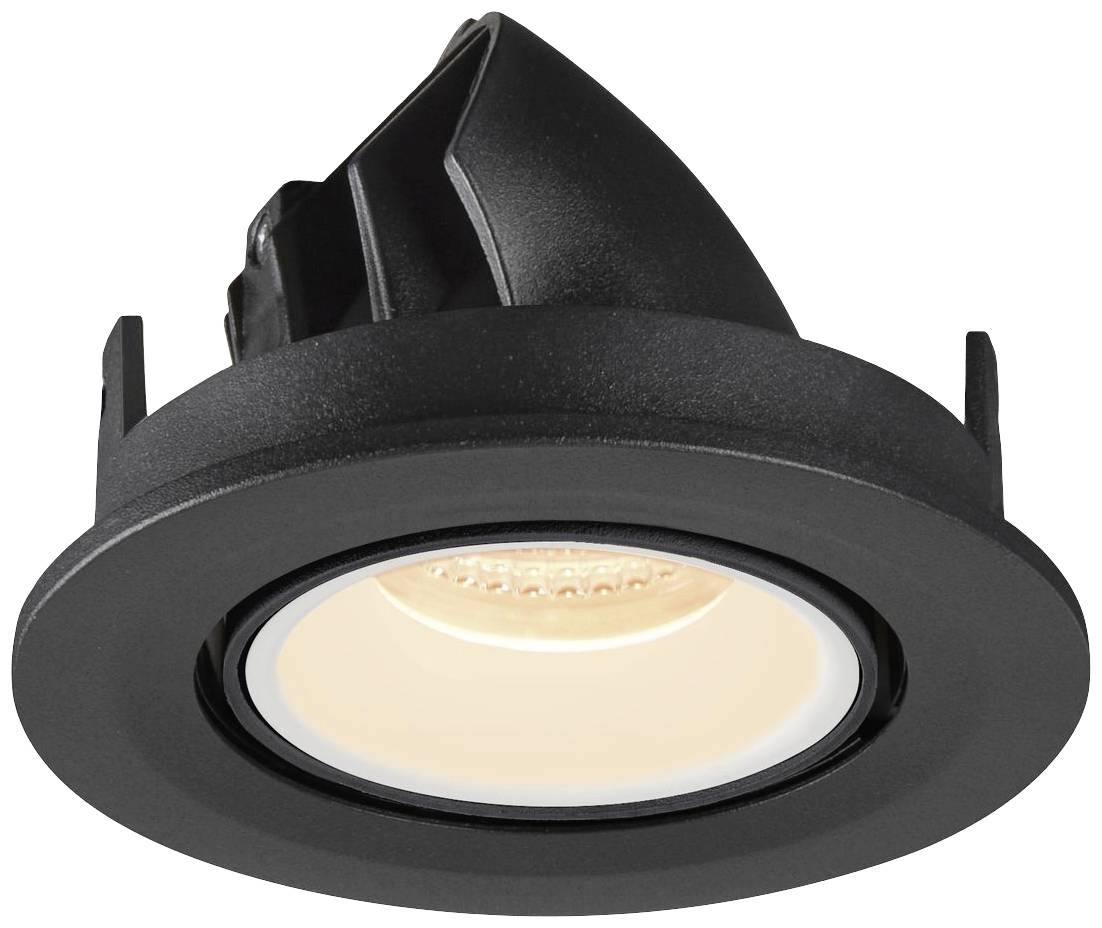 Spot encastrable noir de forme ronde avec éclairage LED lumineux au centre, adapté pour une installation au plafond.