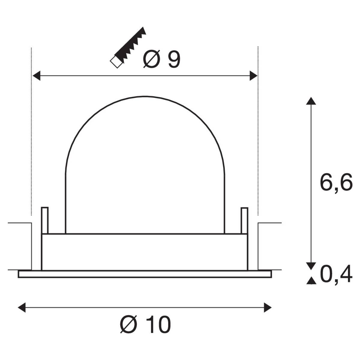Dessin technique d'un dôme de diamètre 10 mm ; hauteur 6,6 mm. Le dôme repose sur une base de 0,4 mm de hauteur.