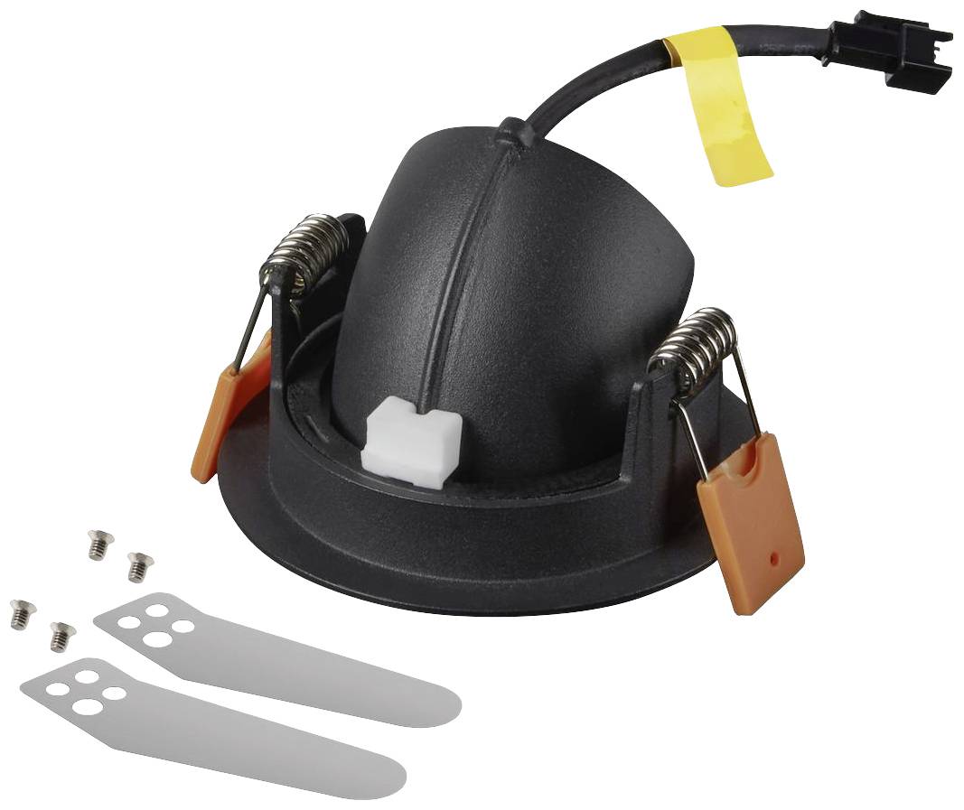 Luminaire encastré LED avec boîtier noir, câble et deux clips de ressort. À côté se trouvent deux vis de montage et deux clips.