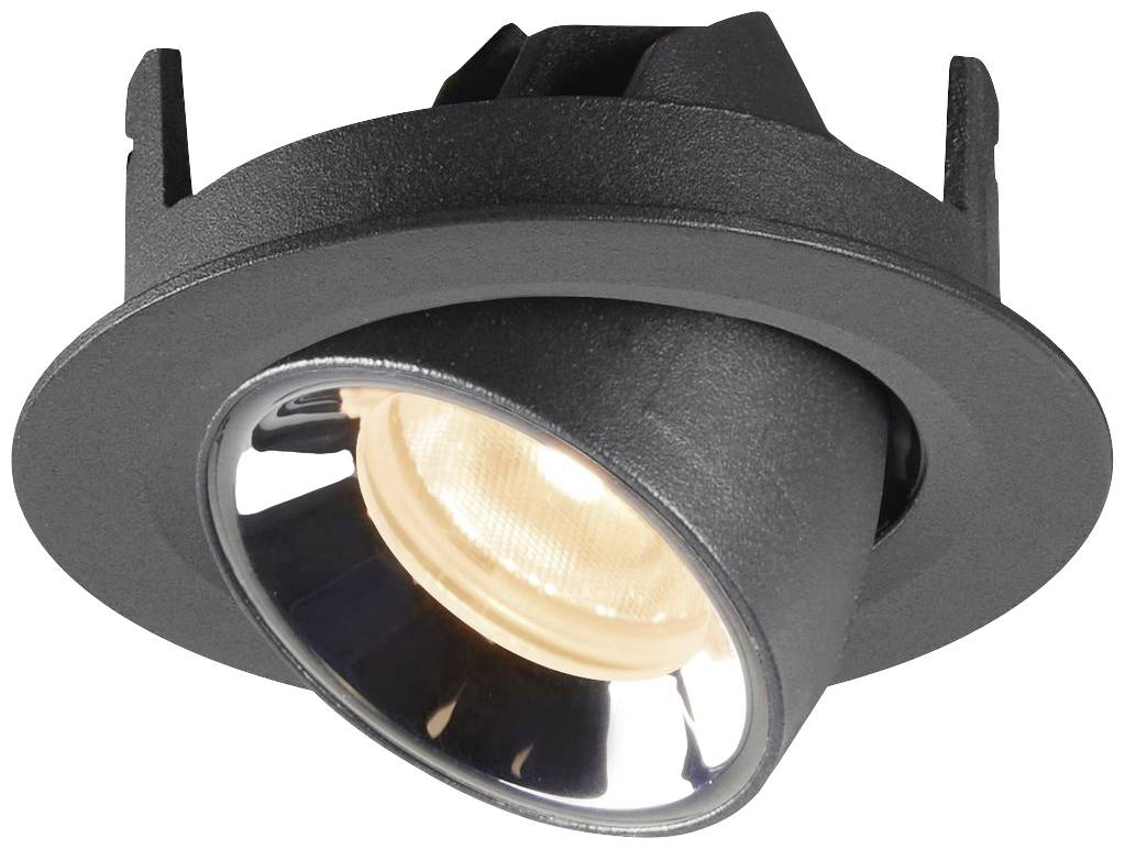 Boîtier d'encastrement rond noir avec réflecteur pivotant brillant au centre.