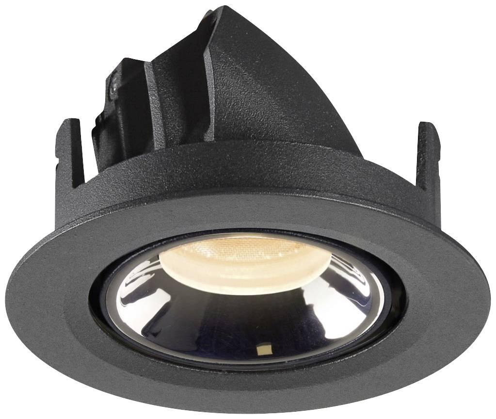 Spot encastrable rond noir avec réflecteur intérieur argenté et ampoule à lumière chaude, adapté pour une installation au plafond.