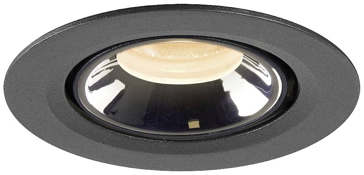 Un spot encastré rond noir avec une surface réfléchissante et un éclairage LED blanc chaud à l'intérieur.