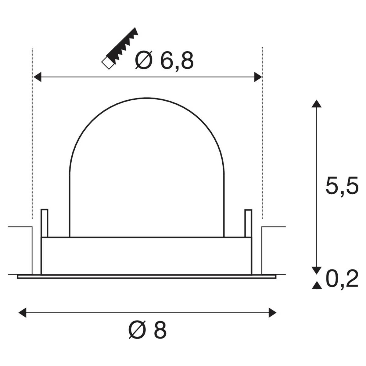 Dessin technique d'un objet rond avec un diamètre de 6,8 et 8. Hauteur 5,5, hauteur du socle 0,2. Dimensions en millimètres.