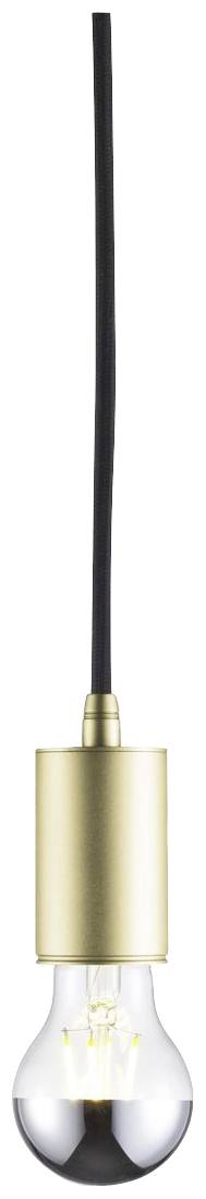 Une ampoule suspendue avec un câble noir et un support doré, sur un fond blanc.