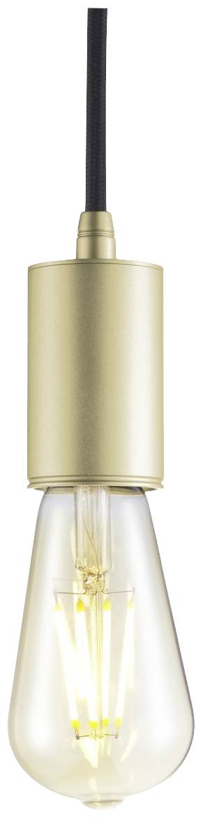 Une ampoule suspendue avec un filament visible dans un socle doré.