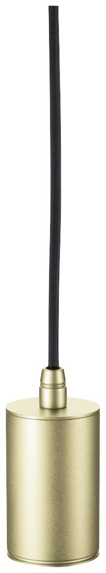 Suspension cylindrique dorée avec câble noir, au design épuré.