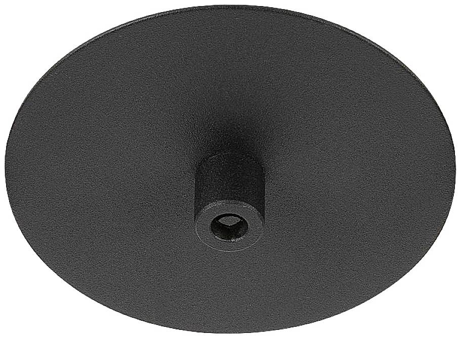 Disque rond noir avec une saillie cylindrique centrale et un trou, probablement un élément d'un système de fixation ou de montage.