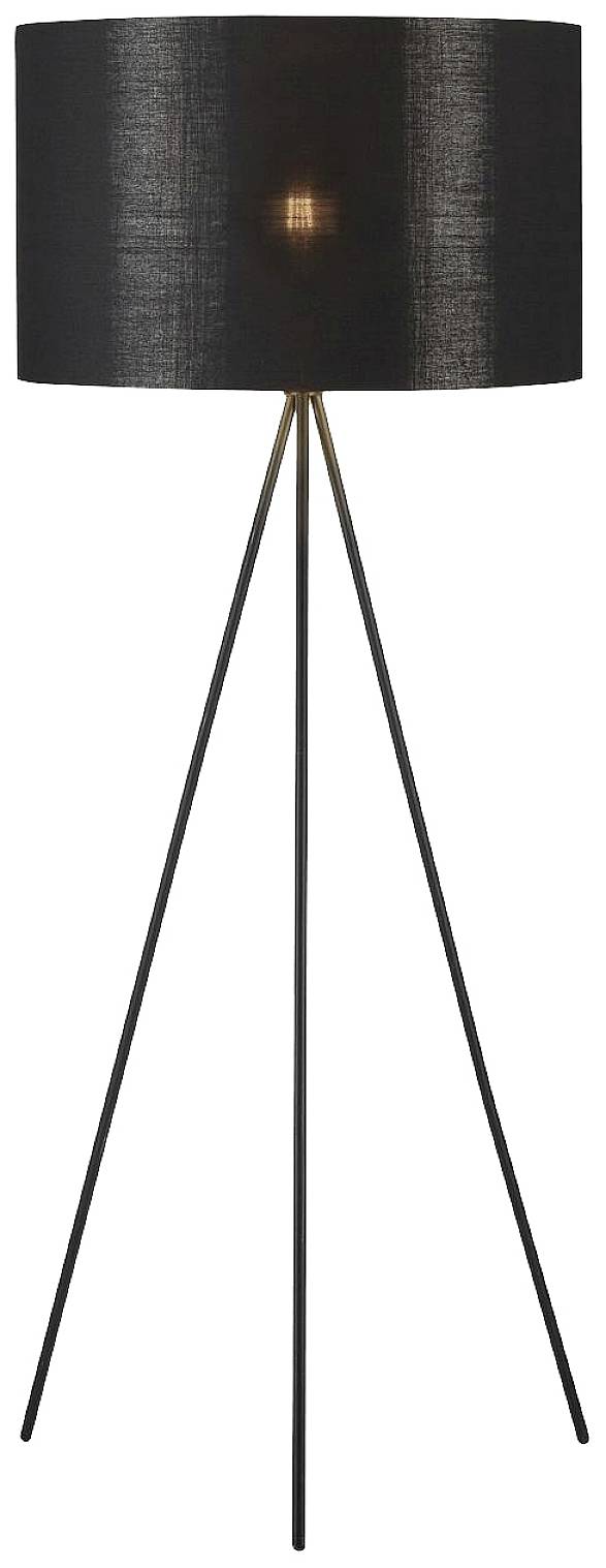 Lampadaire noir avec support trépied et abat-jour rond.
