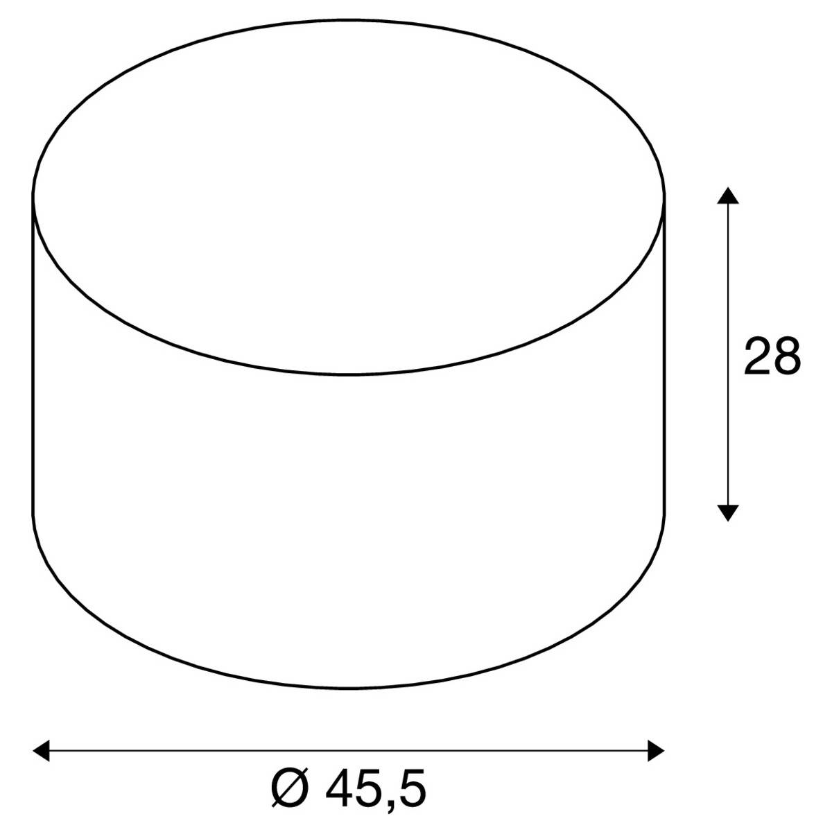 Un cylindre d'une hauteur de 28 et d'un diamètre de 45,5, représenté avec des flèches de cote.