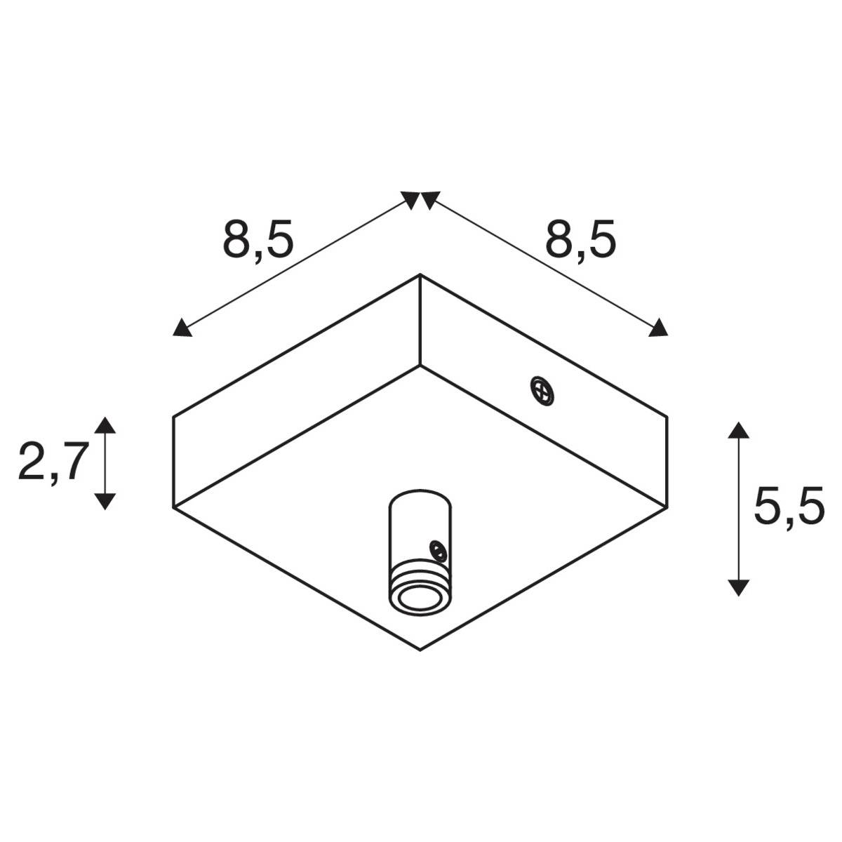 Diagramme d'un boîtier carré mesurant 8,5 cm x 8,5 cm x 2,7 cm. Un dispositif cylindrique en dessous mesure 5,5 cm.