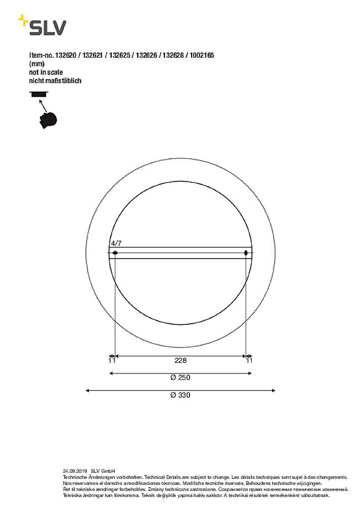 'Dessin technique d'une lampe circulaire, diamètre 330 mm, avec fixation centrale. Contient les numéros de produit et les dimensions.'
