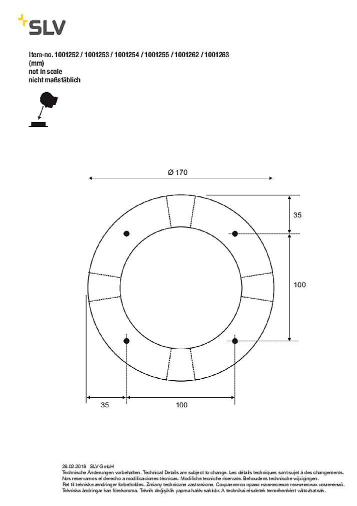 Dessin technique d'un luminaire rond. Dimensions : Diamètre 170 mm, hauteur 35 mm. Fabricant : SLV GmbH. Non représenté à l'échelle.