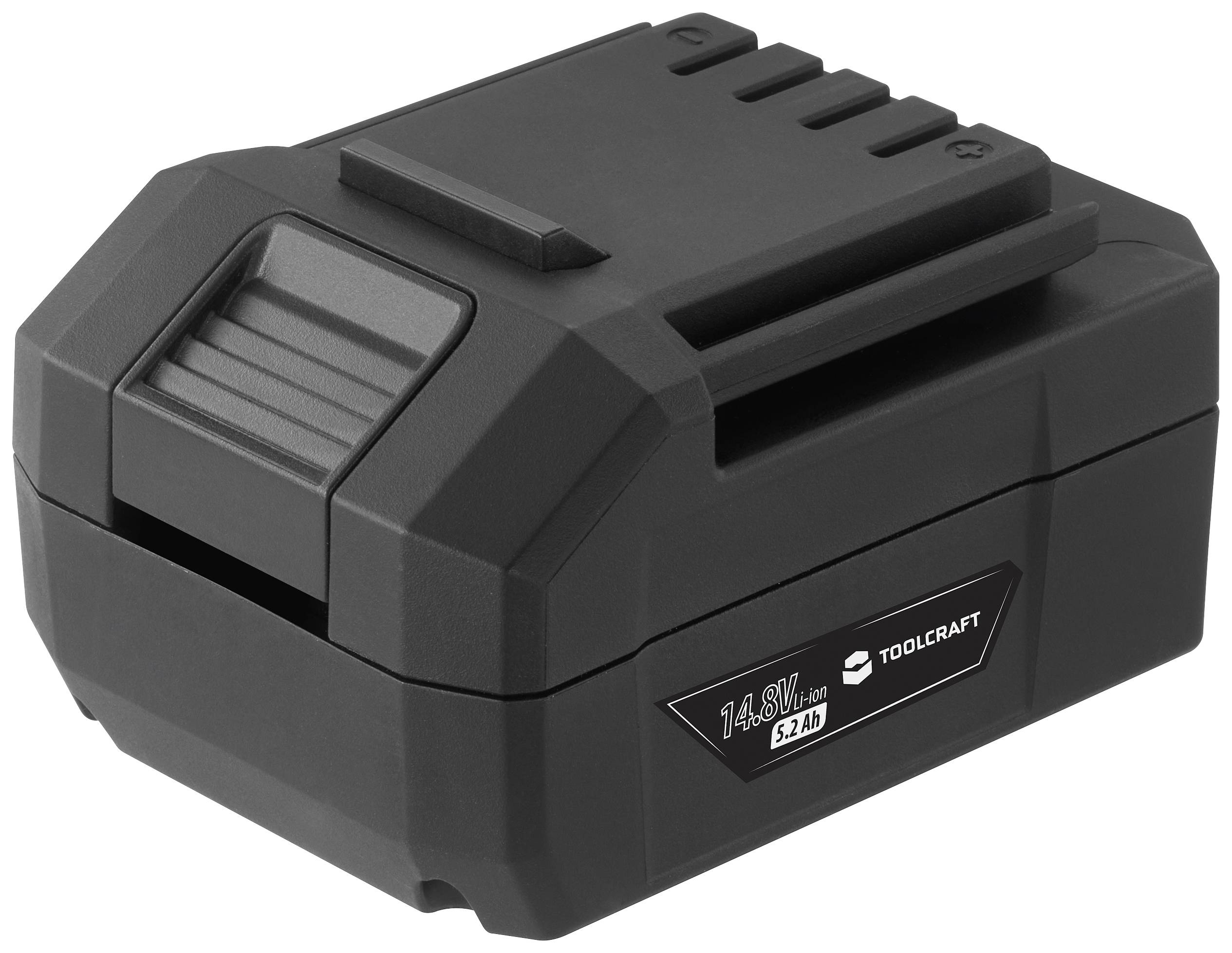 Batterie noire et rectangulaire de Toolcraft, portant l'inscription '14,4V, 3,2Ah Li-Ion', adaptée aux outils électriques.