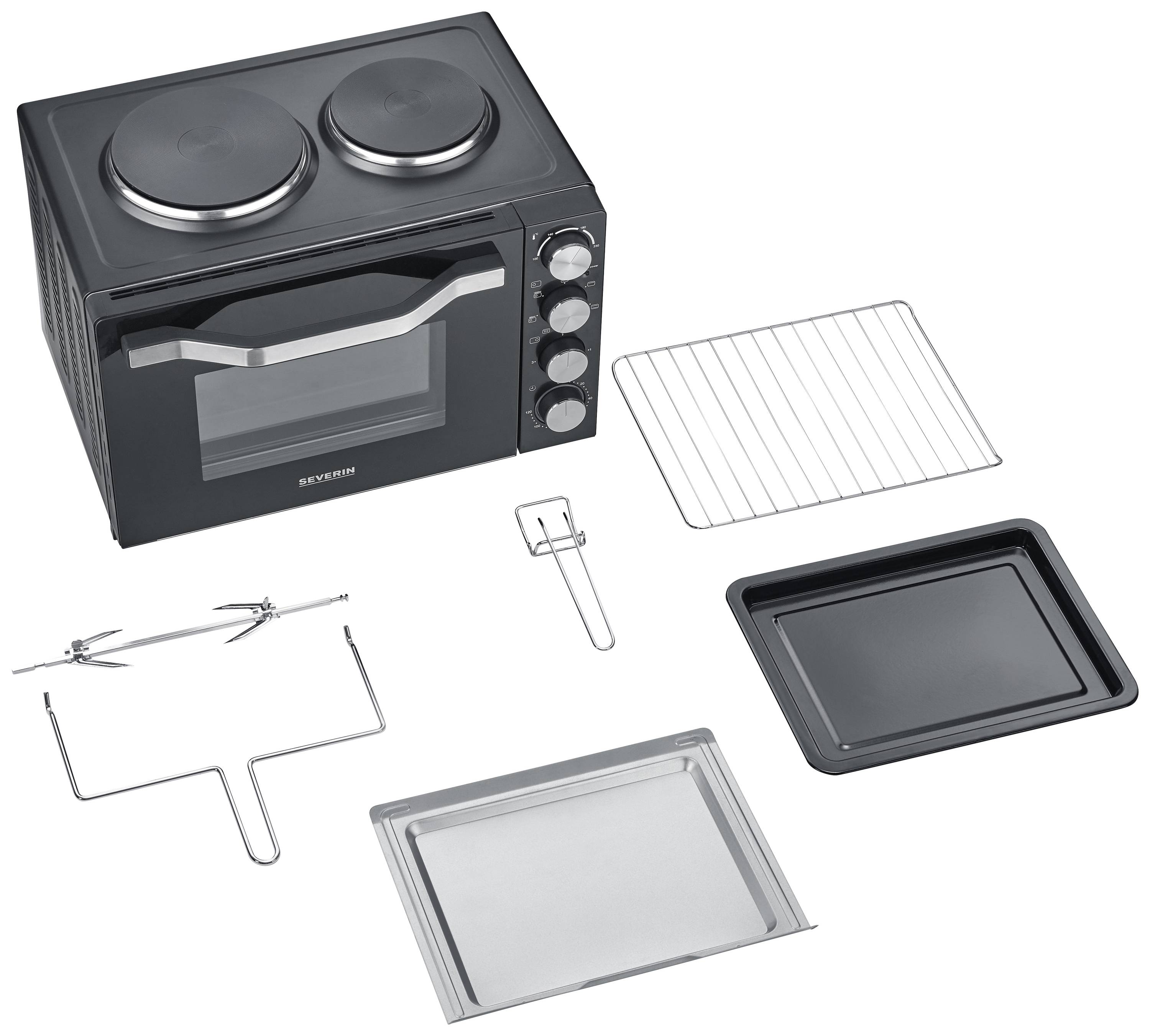 Un mini four noir avec deux plaques de cuisson. Accessoires : grille de grill, plaque de cuisson, tournebroche et poignée amovible sont disposés à côté.