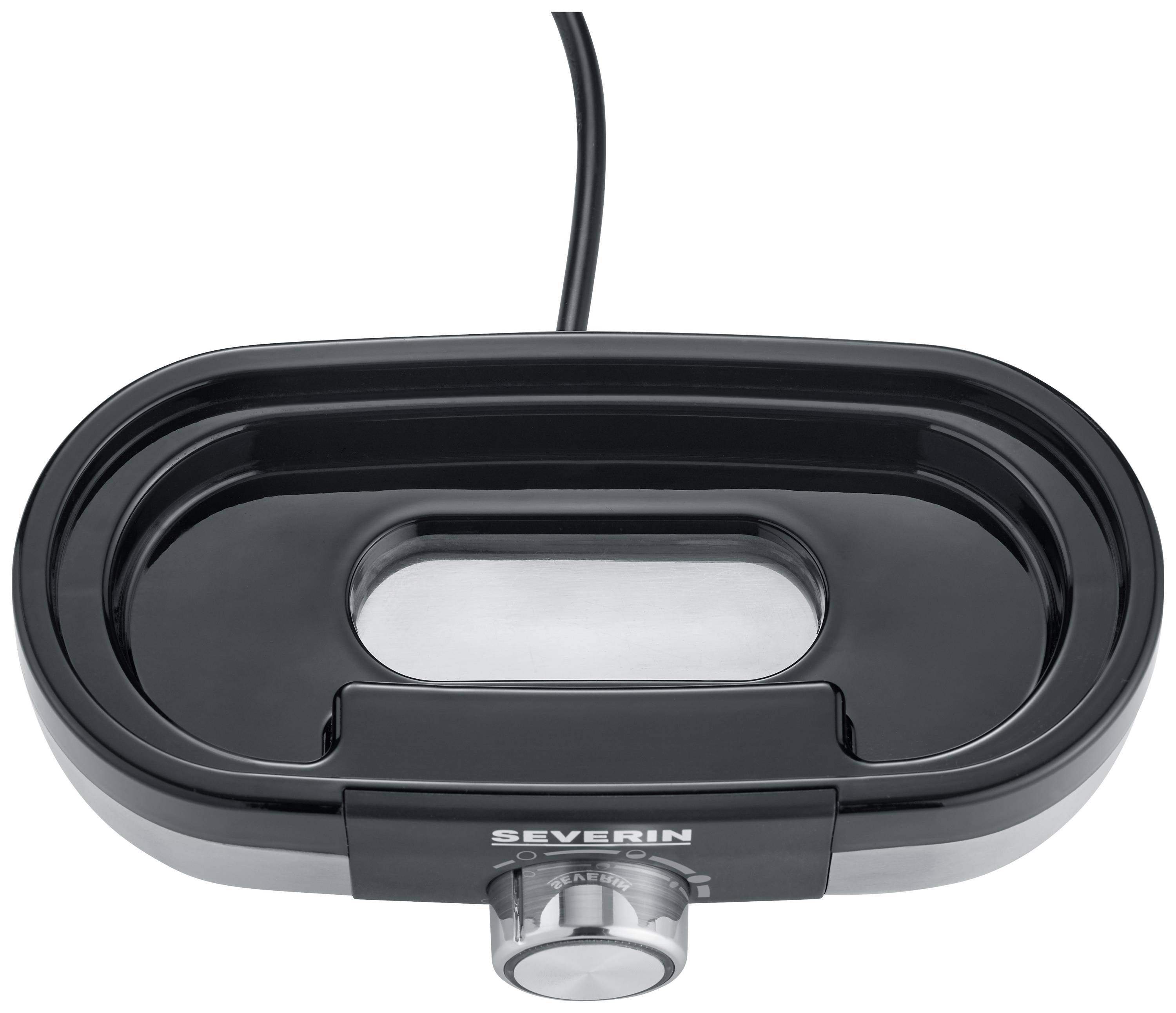 Cuiseur à œufs électrique avec boîtier noir et bouton rotatif à l'avant. Le dessus est doté d'un creux ovale pour les œufs, avec connexion de câble.