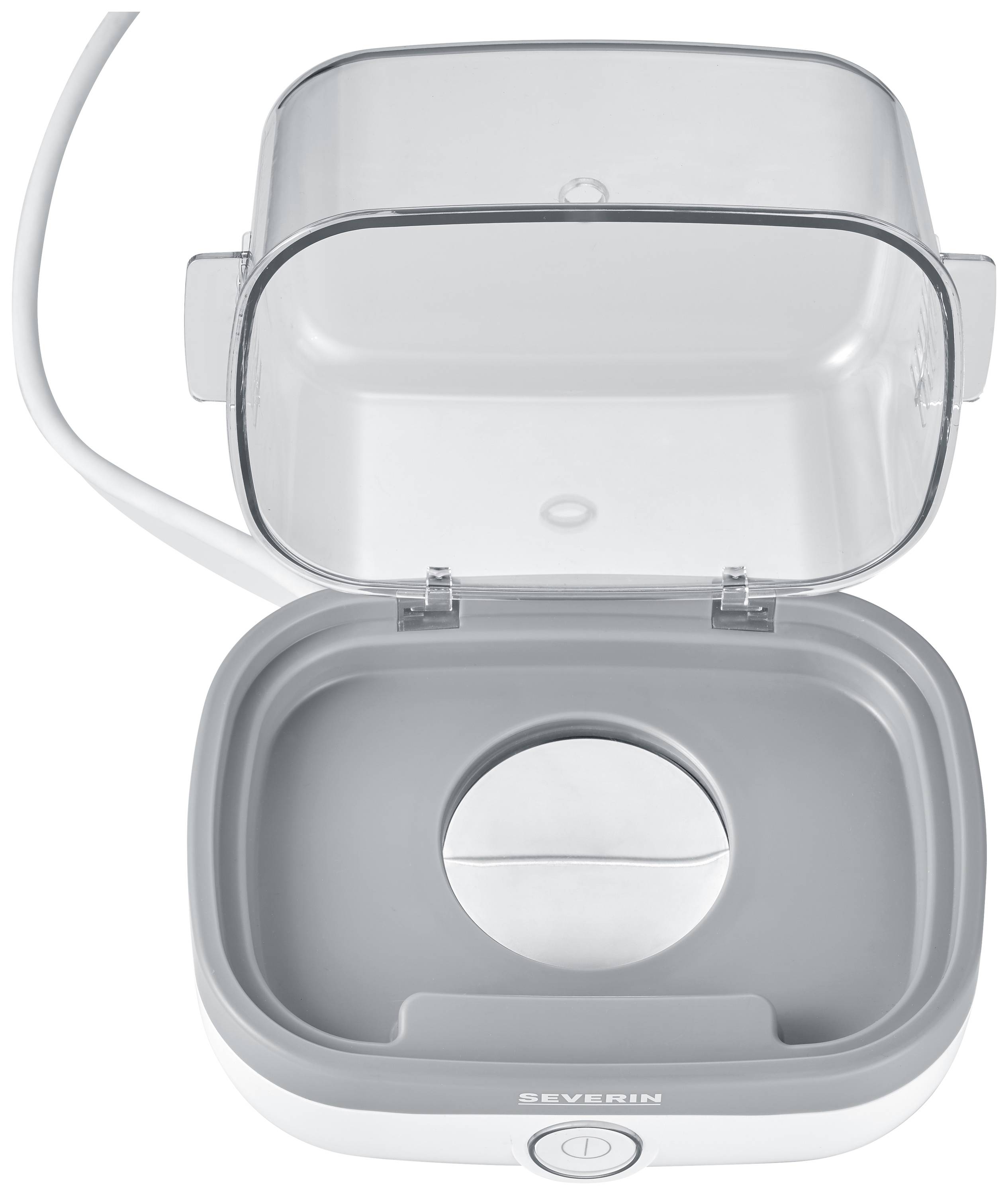 Machine à yaourts électrique avec couvercle transparent ouvert. L'appareil a une base blanche avec un intérieur gris et un récipient rond.