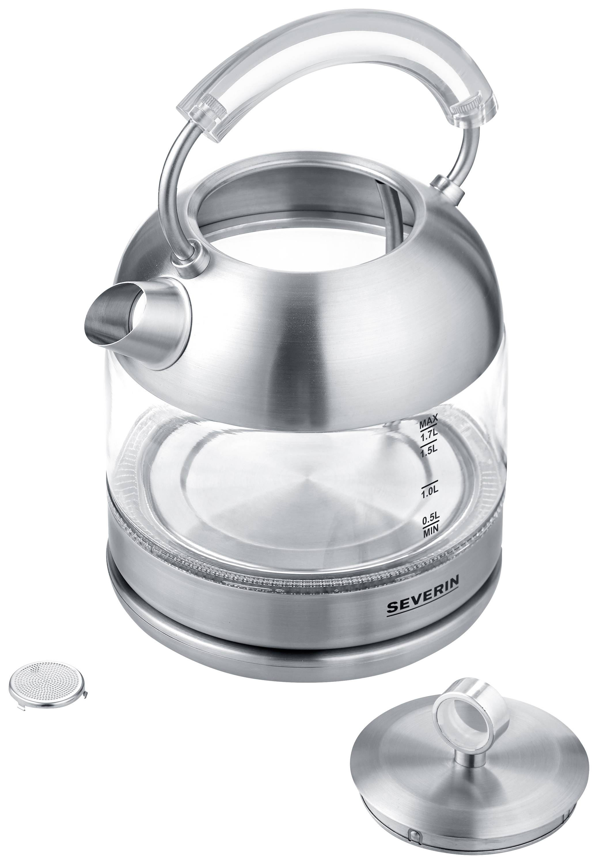 Bouilloire en verre argenté avec réservoir transparent, échelle de niveau d'eau et poignée en acier inoxydable. Couvercle et filtre à côté.